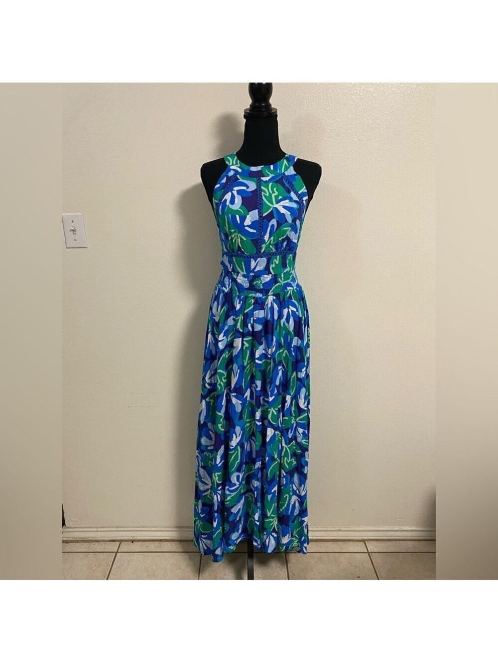 Abel the Label Dress Women’s Size Large Blue Green print Rumi Maxi Dress Anthro